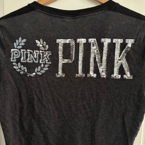 PINK Victoria Secrets Grey/Blacj with Sequence Tshirt Size L - Picture 8 of 9